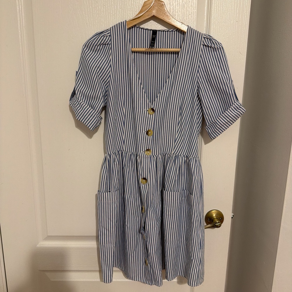 Zara Blue and White Striped Button-Down Dress